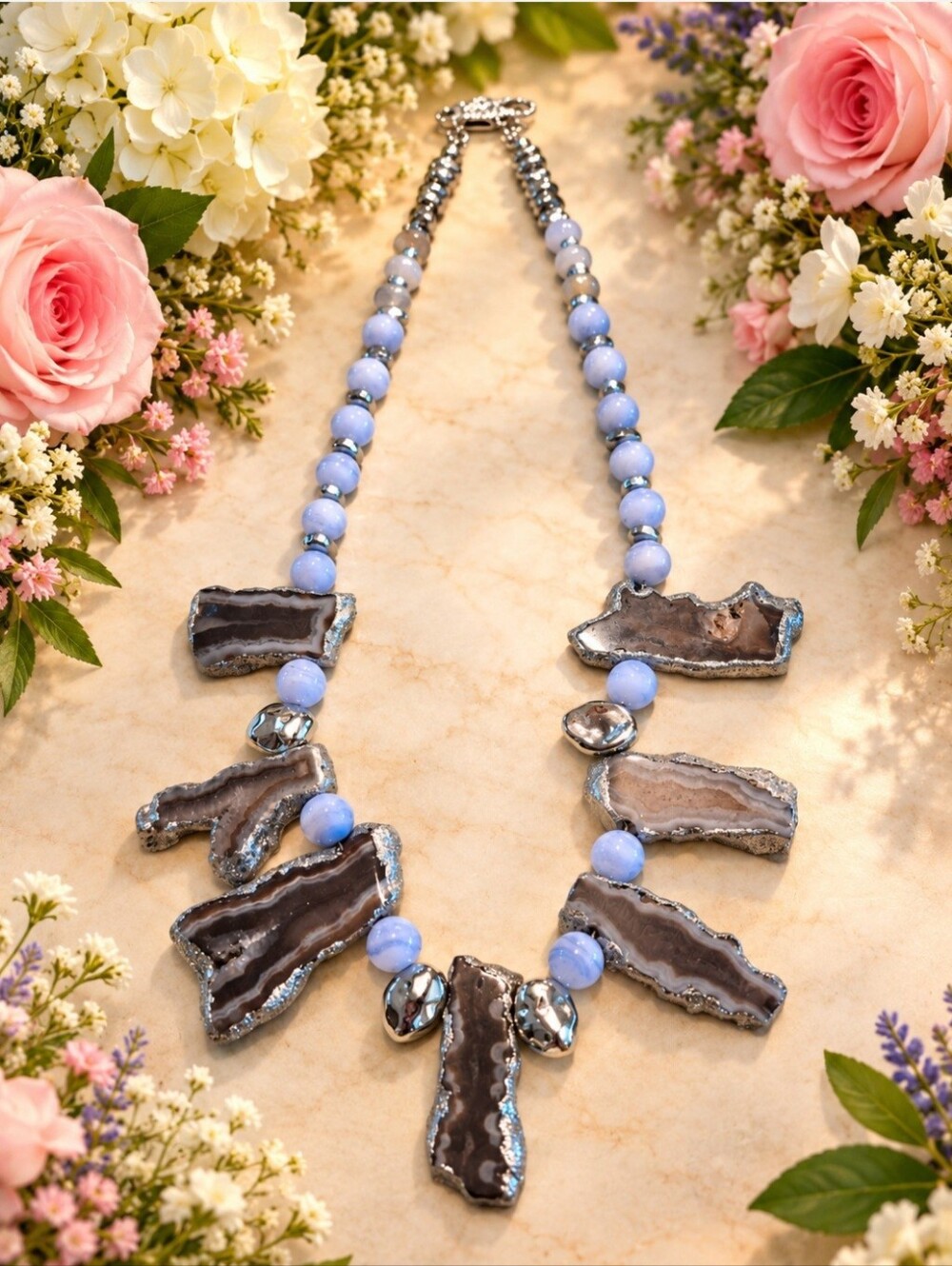 Artisan Handcrafted Raw Sliced Blue Agate Necklace 19 Inches